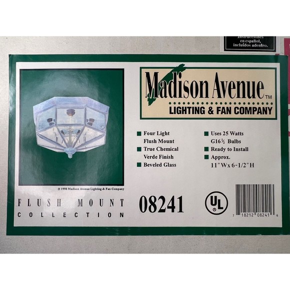 Vtg Madison Ave 4 Light Verde Ceil Flush Mnt 08241 Silver Tone Beveled Glass NOS - Picture 3 of 5
